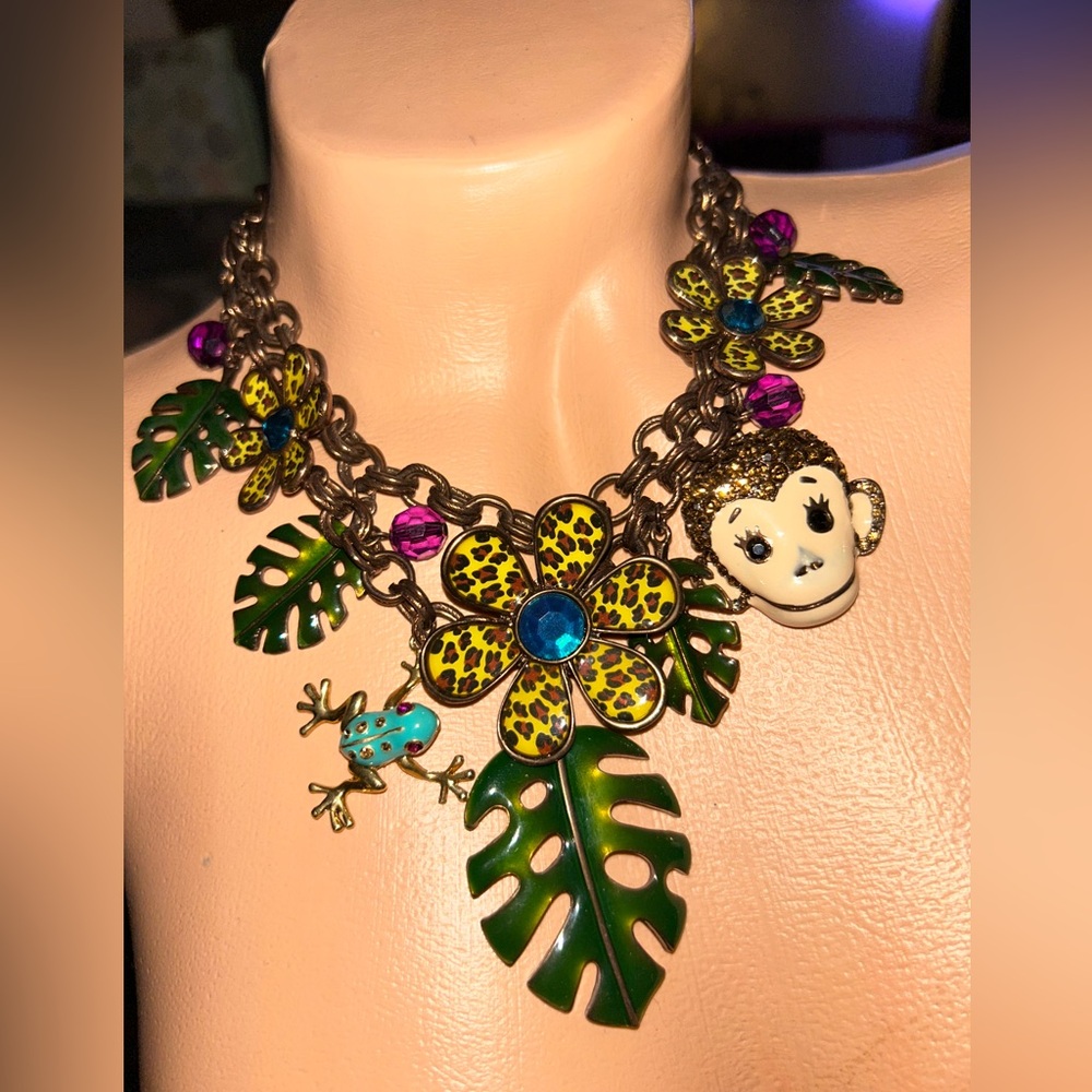 Betsey Johnson leopard monkey charm necklace choker vintage cluster jungle nwt